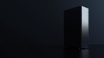 A sleek black refrigerator against a dark background.
