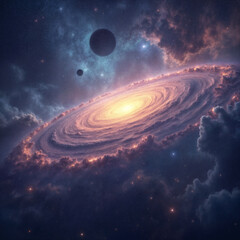 Stunning Spiral Galaxy with Glowing Nebula and Planets