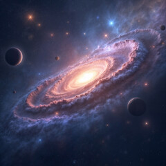 Stunning Spiral Galaxy with Glowing Nebula and Planets