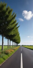 Fototapeta premium Serene asphalt road lined with tall, lush trees under a vibrant summer sky, wildflowers blooming along the roadside
