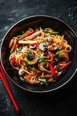 Delicious vegetable noodles, dark bowl, chopsticks, rustic background, Asian cuisine