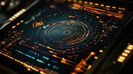 Futuristic HUD Interface Display on a Tablet in a Dark Interior