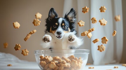 Fototapeta na wymiar Dog joyfully reaching for flying treats in a bowl.