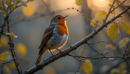 A robin bird in a tree singing song at sunrise