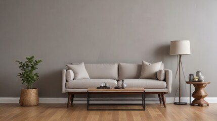 Serene living room interior design featuring a light beige sofa, wooden coffee table, floor lamp, and potted plant against a neutral wall.