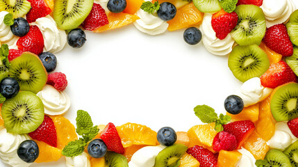 Tropical Fruit Salad Border, Fresh Berries, Citrus Slices, Dessert Decoration, Creamy Accents