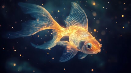 A glowing goldfish swims gracefully in a mystical underwater scene.