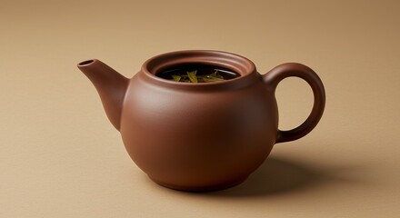 Minimalist brown teapot with herbal tea on beige background