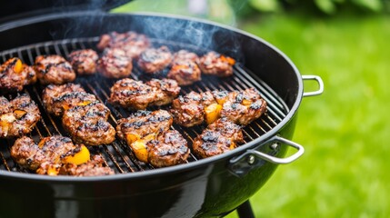 Grilling marinated meat with vegetables on a charcoal barbecue in a sunny garden