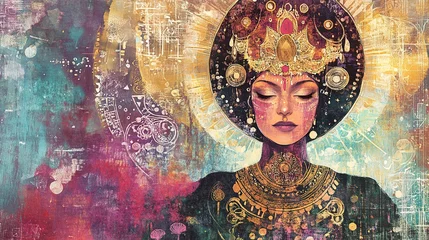 Handdoek met foto Meisjeskamer The majestic Queen Tarot card, embodying fertility, abundance, and the divine feminine, symbolizes the nurturing cycle of life and the power of creation.   © tiantian