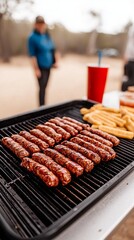 Grilling sausages at an outdoor gathering with a person in the background