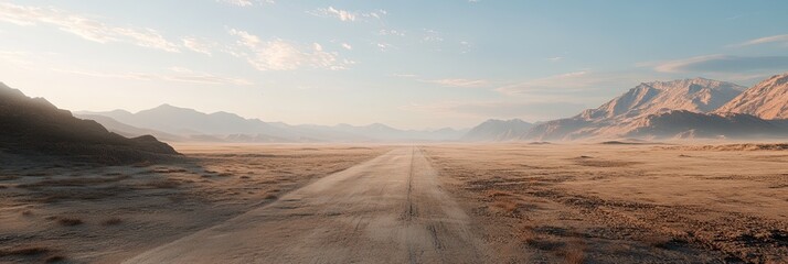 Fototapeta premium A desert road stretching into the distance, with mountains on the horizon and soft sand at the roadside. 