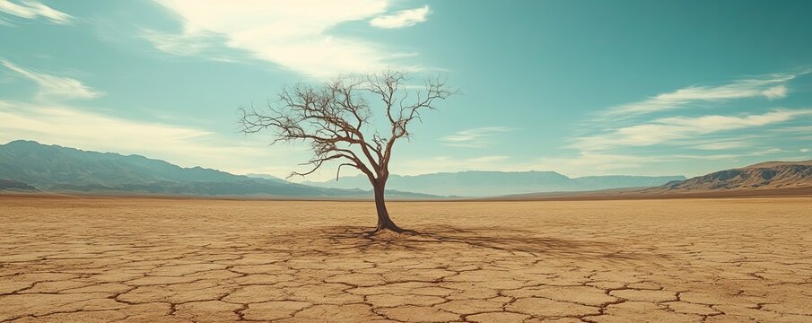 A desert scene with a lone tree growing in the middle of a vast, dry landscape. The tree stands as a solitary figure in the barren desert, its twisted branches reaching up towards the sky. 