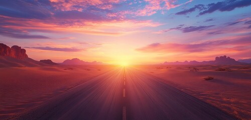 A desert road leading into a colorful sunset, with warm hues reflecting off the sand. The road stretches into the distance, leading towards a vibrant sunset. 