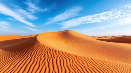 A desert landscape with wind-sculpted sand dunes and a bright, clear sky. The wind has shaped the dunes into graceful, flowing curves. 