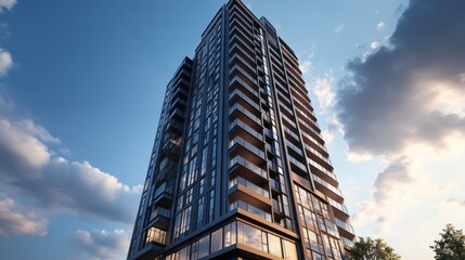 Modern high-rise building with glass balconies under a cloudy sky.