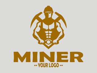 Miner holding symbol mined from rocks drawing, logo miner worker silhouette, miner with helmet and headlamp in vector illustration art