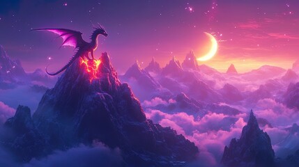 Fototapeta premium A fantasy landscape with a dragon perched on a glowing mountain peak 