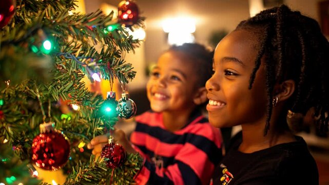 Two happy children decorating a Christmas tree. AI.