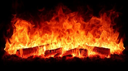 Intense flames dancing around logs in a cozy fireplace, creating warmth and ambiance