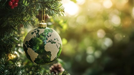 A globe ornament hanging on a Christmas tree, symbolizing unity.
