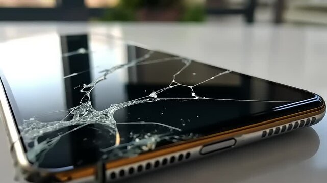 Smartphone with severely cracked screen and corner damage
