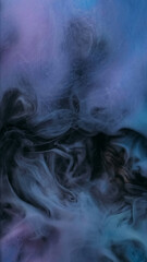 Color smoke cloud. Paint fog fluid. Defocused black purple blue mist splash ink texture water flow fume on abstract art background.