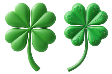 Two green clover leaf in 3d style with four petals on a transparent background, Cut out