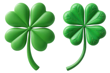 Two green clover leaf in 3d style with four petals on a transparent background, Cut out