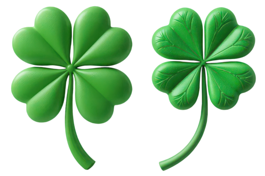 Two green clover leaf in 3d style with four petals on a transparent background, Cut out