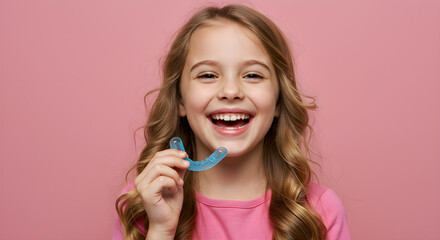 Young girl smiles holding a blue dental retainer against a pastel pink background. Orthodontic care and dental hygiene. dental clinics, educational materials, and health campaigns. Horizontal banner