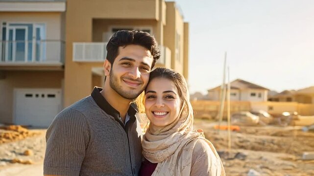Couple smiling in front of a house