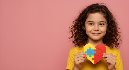 Autism spectrum disorder. Little girl with autism holding heart made of puzzle pieces on pink background. Child mental health. Autism spectrum disorder concept, ASD. World autism awareness day.