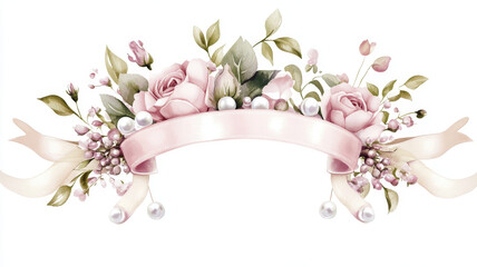 Delicate floral arrangement with pink roses, greenery, and pearls