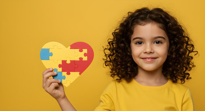 Autism spectrum disorder. Little girl with autism holding heart made of puzzle pieces on yellow background. Child mental health. Autism spectrum disorder concept, ASD. World autism awareness day.