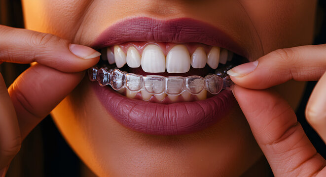 Close-up of a woman inserting clear dental aligners over her teeth. Modern orthodontic treatment, dental care promotions or health-related designs. Horizontal banner
