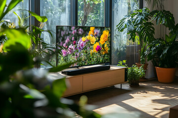 A modern living room with a flat-screen TV on a sleek wooden stand, surrounded by lush plants and vibrant flowers. Morning sunlight pours in, creating a warm, cozy atmosphere ideal for comfort.