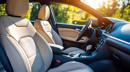 Luxurious car interior with beige leather seats, steering wheel, and sunlit windows.