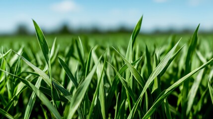 Obraz premium Lush green grass blades swaying gently in a sunny field under a clear blue sky
