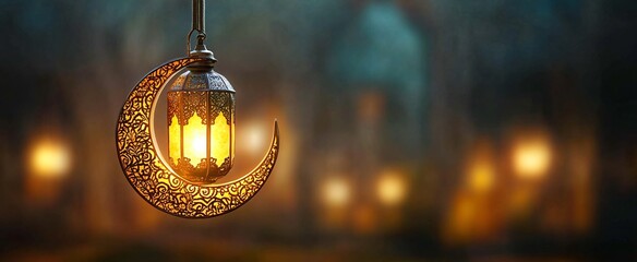 A beautifully illuminated golden crescent moon lantern, perfect for Ramadan celebrations. Ideal for banners, greetings, and cozy twilight ambiance.