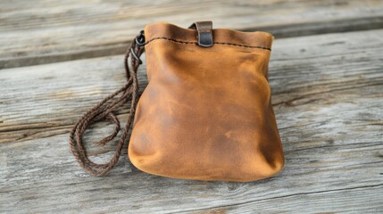 Brown Leather Pouch on Wooden Surface with Rustic Background
