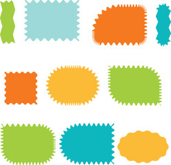 Zig zag Wavy Edge Rectangle, Oval, Circle Stickers Set. Vector Jagged Geometric Shapes. Abstract Elements for Frame, Stamp, Template, Promo Design, Web Design and Social Media