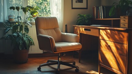 Fototapeta premium Sunlight Illuminates a Cozy Home Office with a Beige Chair and Wooden Desk