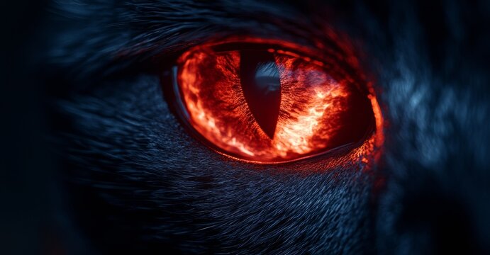 Demonic eyes glowing red in isolation dark background high fidelity image eerie close-up view supernatural concept