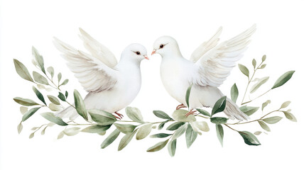 Two white doves with wings spread, surrounded by green leaves, symbolize love and peace