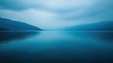 Fototapeta premium Calm Serene Waters Under Overcast Sky in Mountainous Landscape