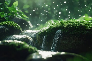 A close-up of water flowing over moss-covered rocks, with droplets sparkling in the sunlight. The water flows gently over moss-covered 
