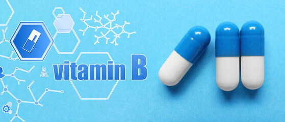 Colorful pills on blue background