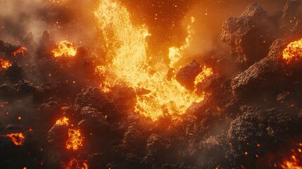 Naklejka premium A close-up of volcanic rocks and ash surrounding an erupting volcano, with a fiery eruption in the background. 