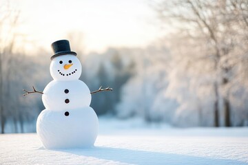 A cheerful snowman stands in a snowy landscape, surrounded by frosted trees and soft sunlight, evoking a joyful Christmas spirit Ample copy space above for text